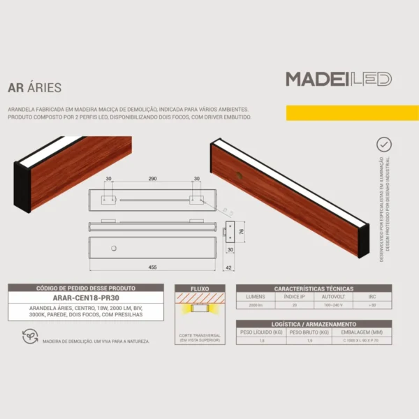 Arandela Áries 18w Dois Focos Madeira Maciça - Imagem 5