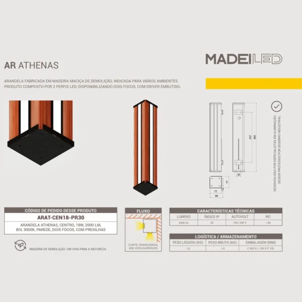 Arandela Led Athenas 18w Bivolt Dois Focos Madeira Maçica - Imagem 6