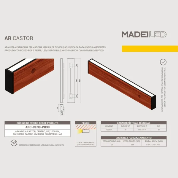 Arandela Castor 9w Um Foco Madeira Maciça - Imagem 5