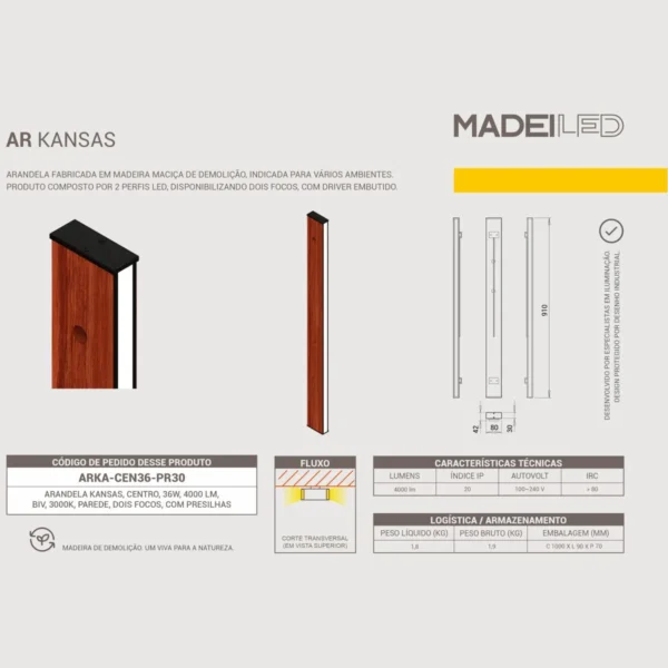 Arandela Kansas 36w Dois Focos de Madeira Maciça Rústica de Demolição - Imagem 5