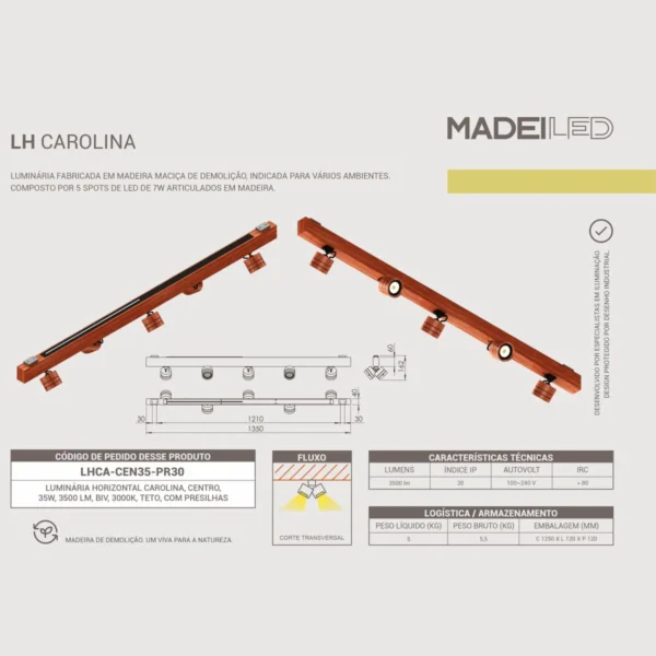 Luminária Led Carolina 35w 3500lm Madeira Maciça - Imagem 4