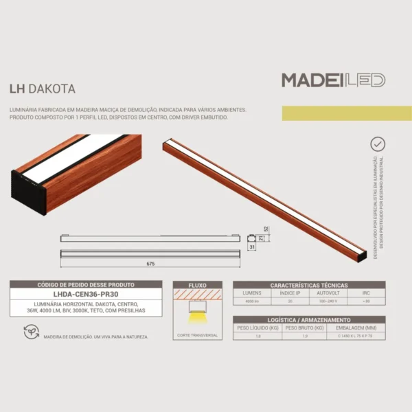 Luminária Led Dakota 36w 4000lm Bivolt Madeira Maciça - Imagem 6