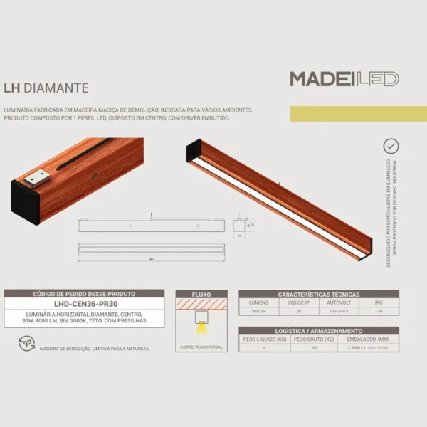 Luminária Led Diamante 36w 4000lm Bivolt Madeira Maciça - Imagem 5