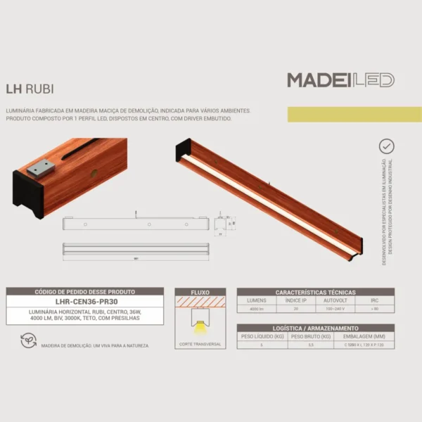 Luminária Led Rubi 36w 4000lm Bivolt Madeira Maciça - Imagem 5
