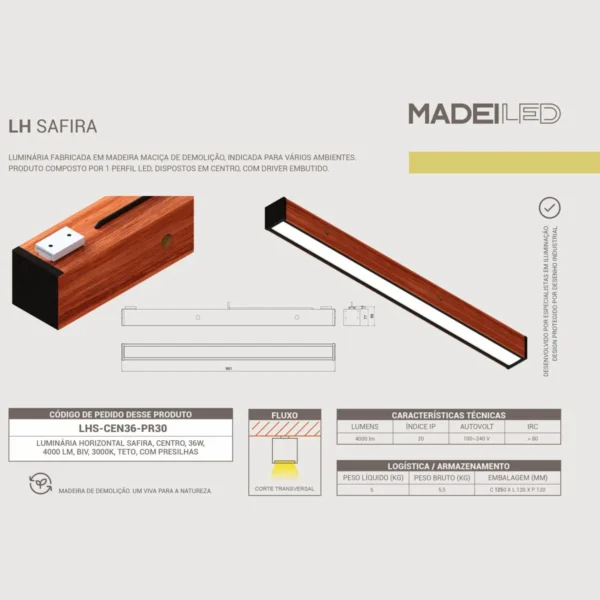 Luminária Led Safira 36w 4000lm Bivolt Madeira Maciça - Imagem 5