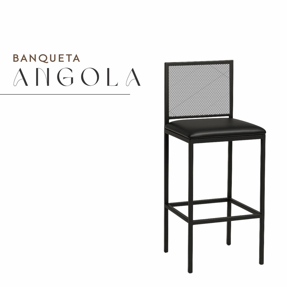 Banqueta Angola Preto Corino Preto de Aço com Pintura Eletrostática