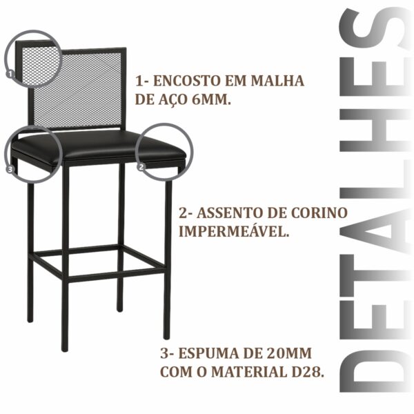 Banqueta Angola Preto Corino Preto de Aço com Pintura Eletrostática - Imagem 4