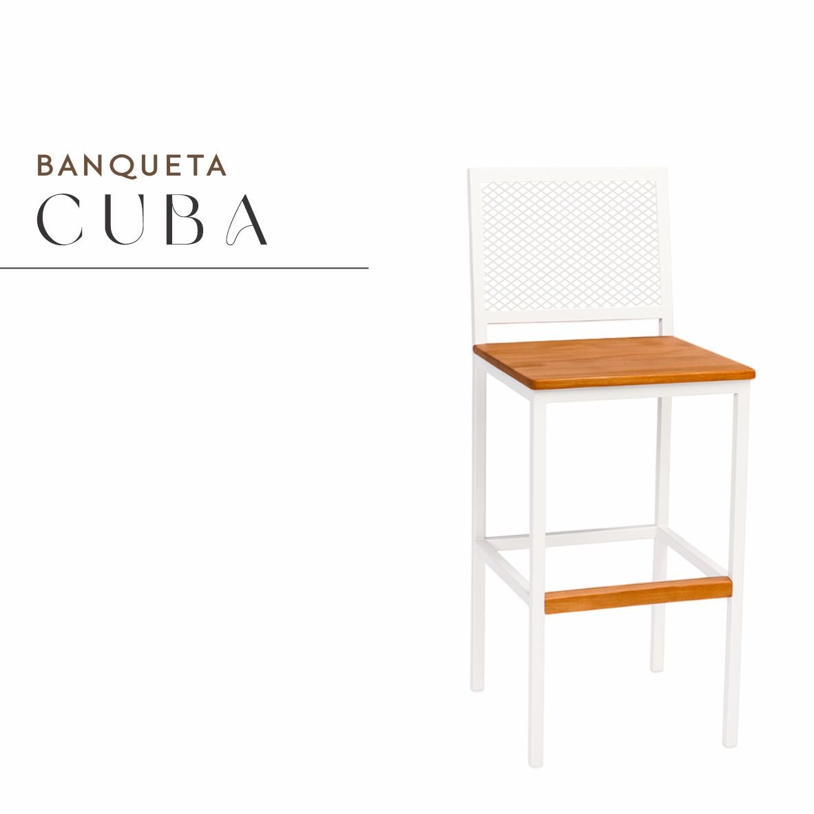 Banqueta Cuba Branca de Aço com Madeira Maciça Rústica de Demolição