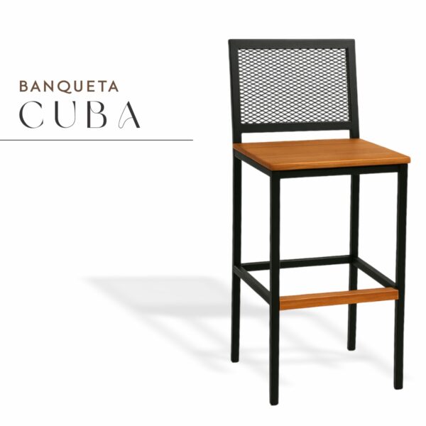 Banqueta Cuba Preta de Aço com Madeira Maciça Rústica de Demolição