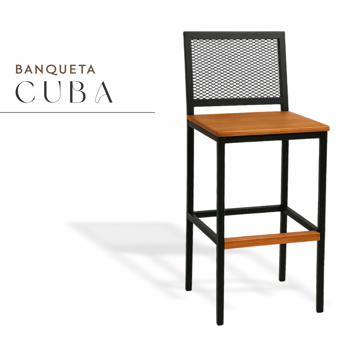 Banqueta Cuba Preta Assento Madeira Demolição