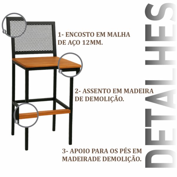 Banqueta Cuba Preta de Aço com Madeira Maciça Rústica de Demolição - Imagem 4