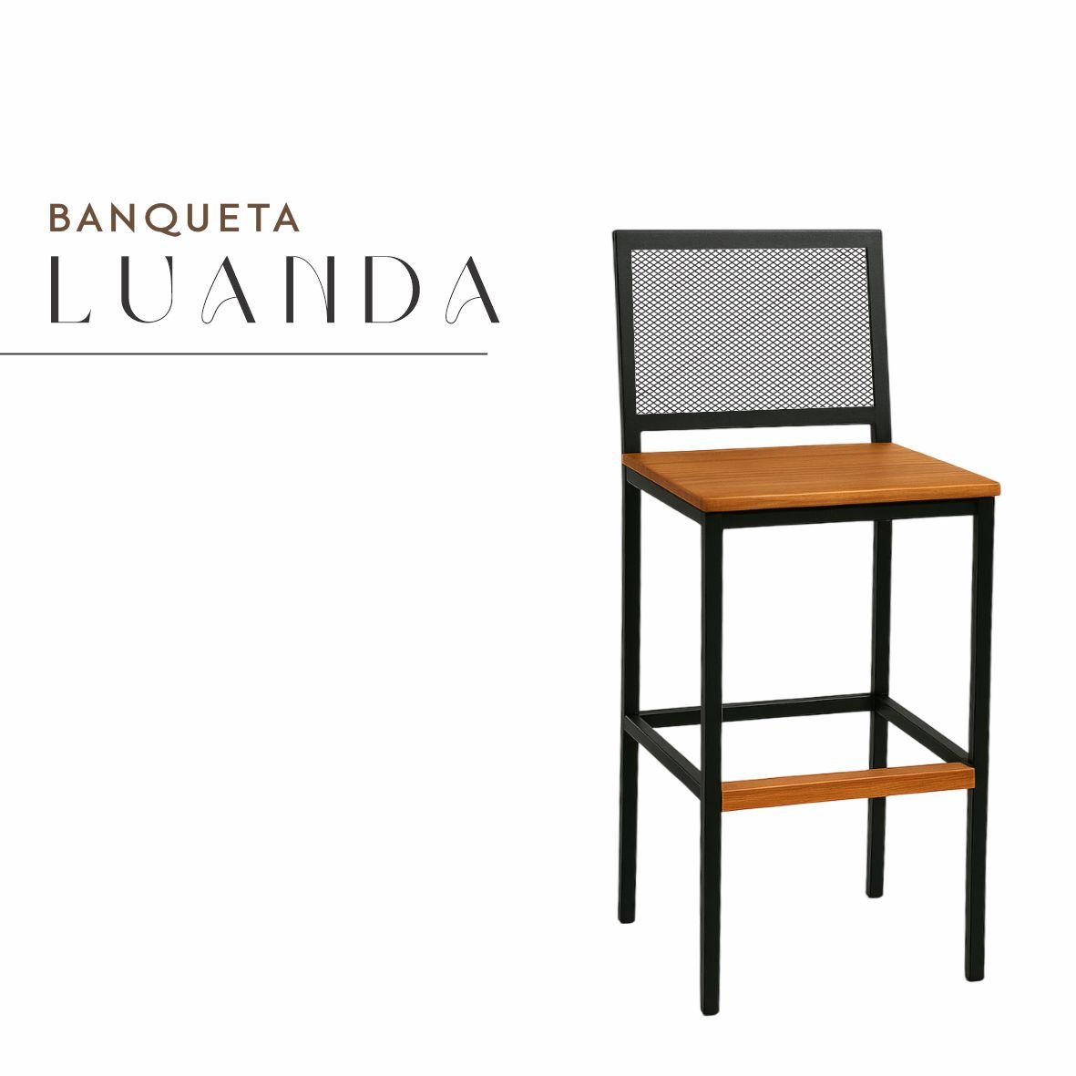 Banqueta Luanda Preto de Aço com Madeira Maciça Rústica de Demolição