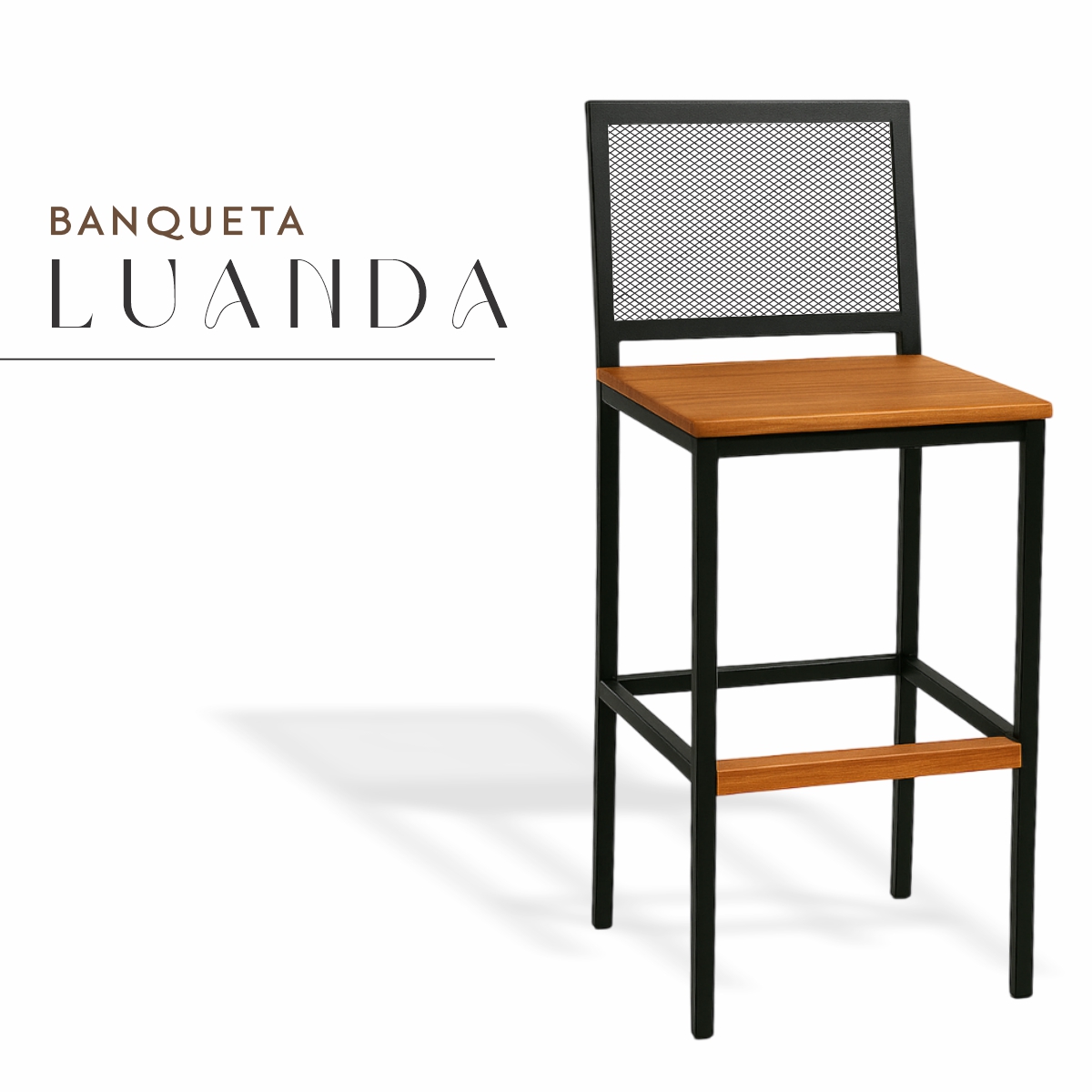 Banqueta Luanda Preto Assento Madeira Demolição