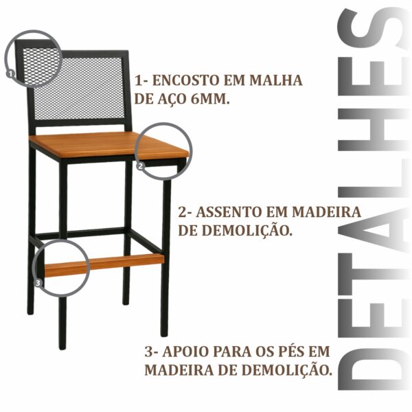 Banqueta Luanda Preto Assento Madeira Demolição - Imagem 4