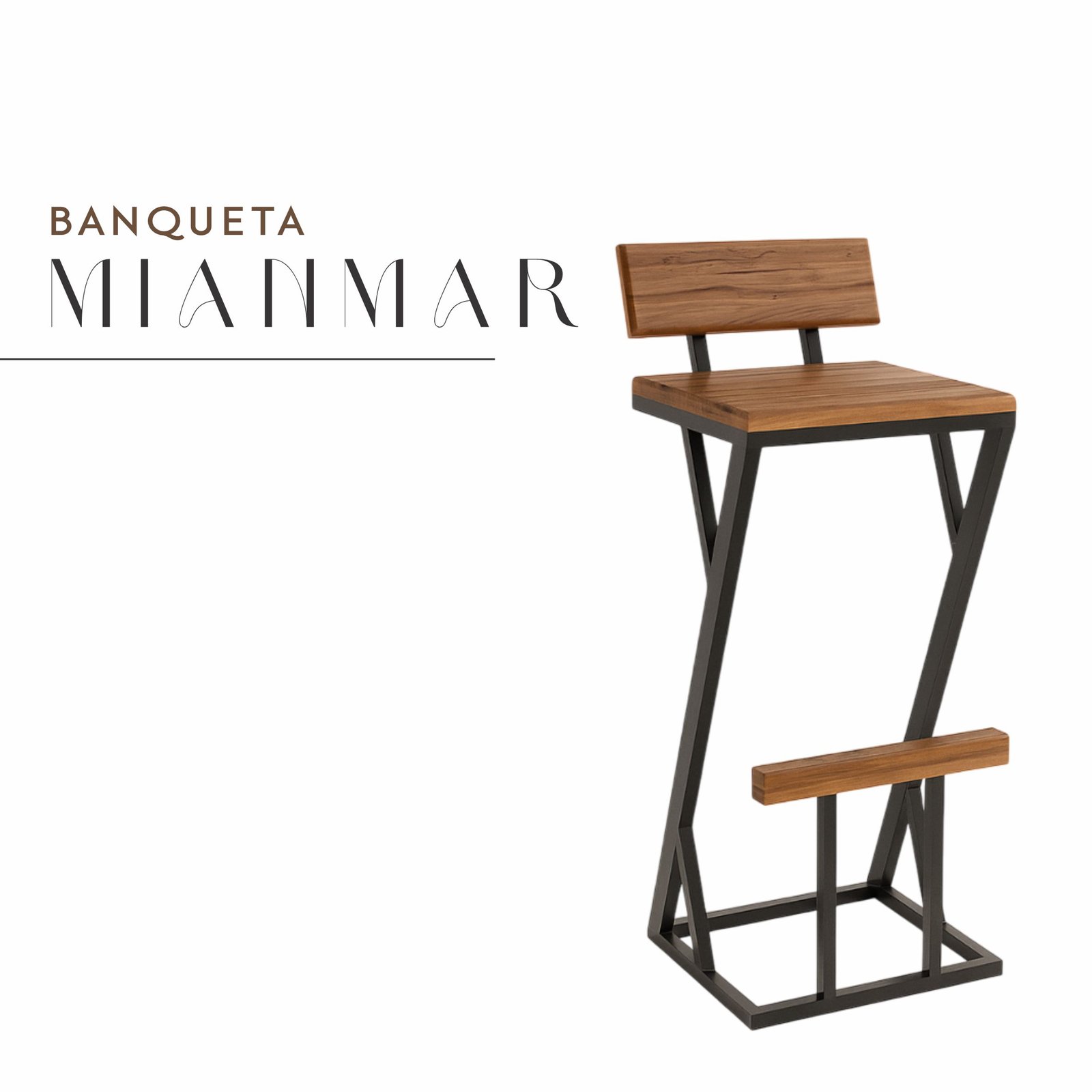 Banqueta Mianmar de Aço com Madeira Maciça Rústica de Demolição