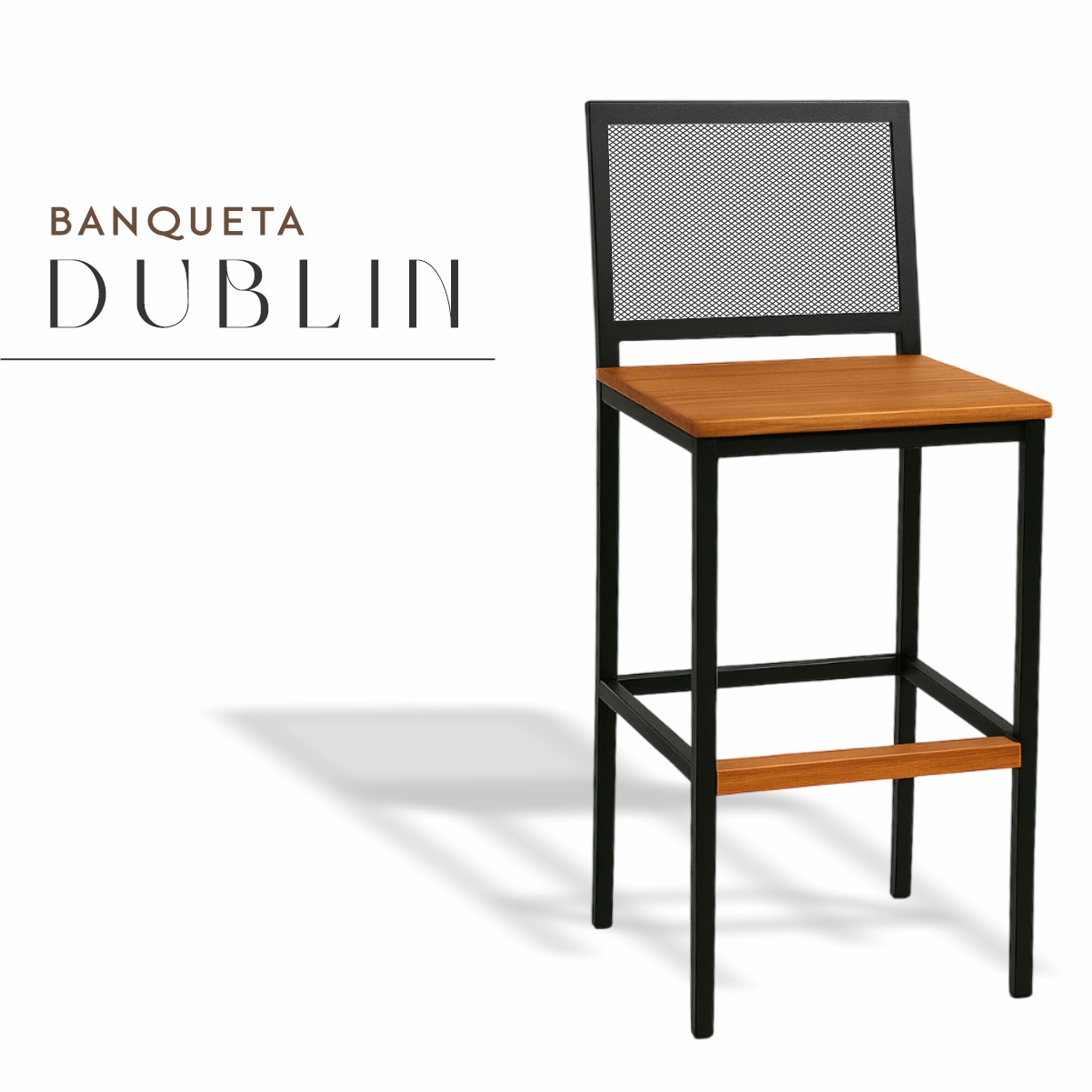 Banqueta Dublin Preta de Aço com Madeira Maciça Rústica de Demolição