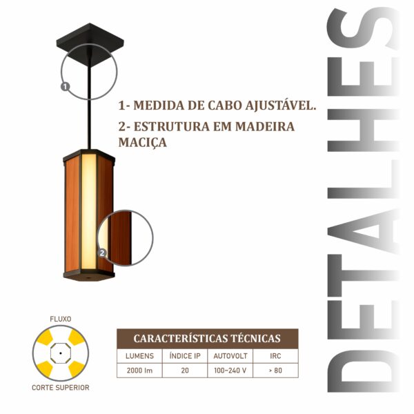 Pendente Led Ágata Canto 18w 2000lm Bivolt de Madeira Maciça Rústica de Demolição - Imagem 4