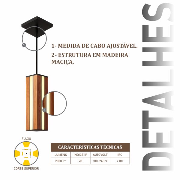 Pendente Led Ágata Centro 18w 2000lm Bivolt de Madeira Maciça Rústica de Demolição - Imagem 4