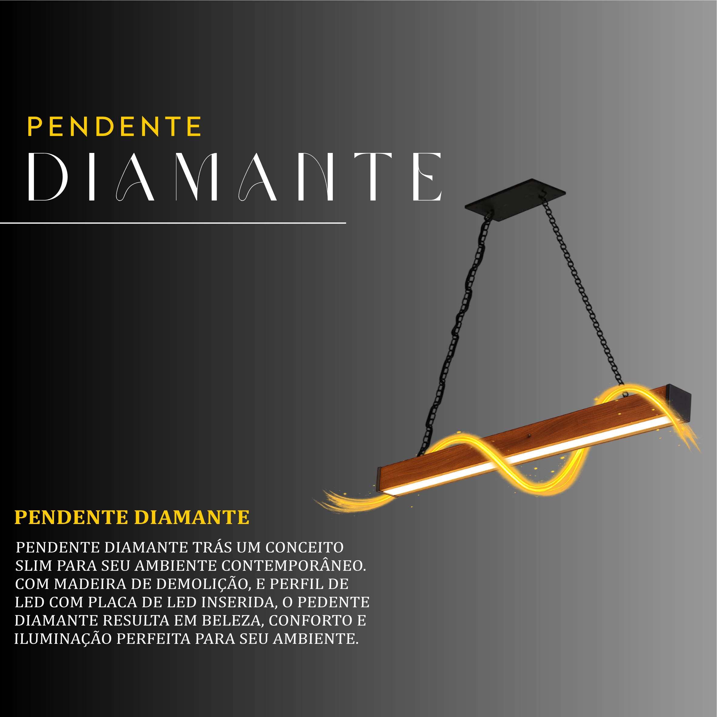 Pendente Led Diamante 36w 4000lm Bivolt de Madeira Maciça Rústica de Demolição