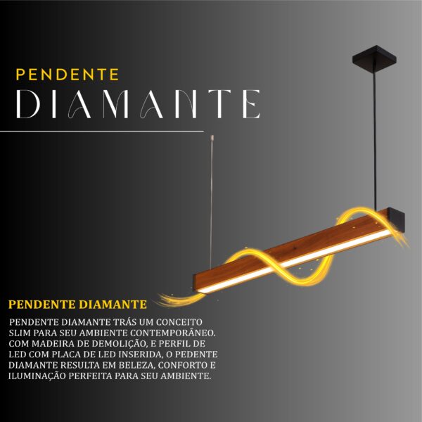 Pendente Led Diamante 36w 4000lm Bivolt de Madeira Maciça Rústica de Demolição - Imagem 2
