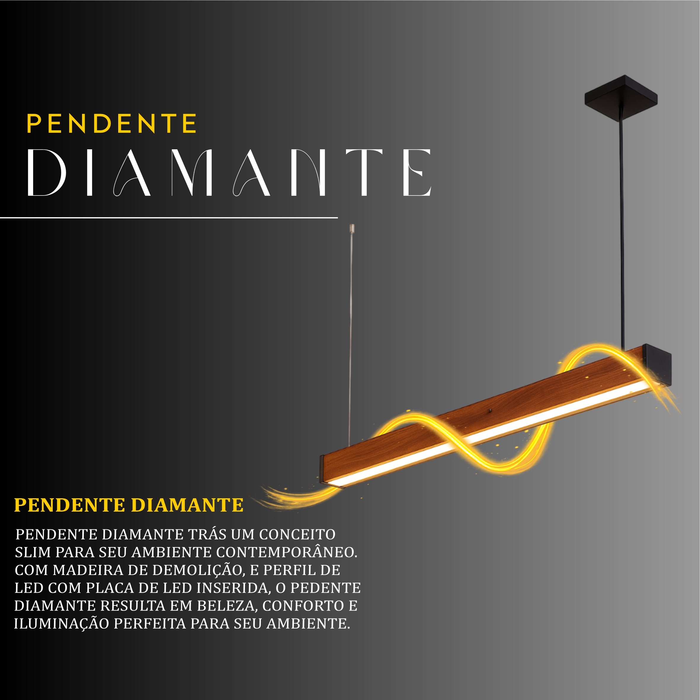 Pendente Led Diamante 36w 4000lm Bivolt de Madeira Maciça Rústica de Demolição