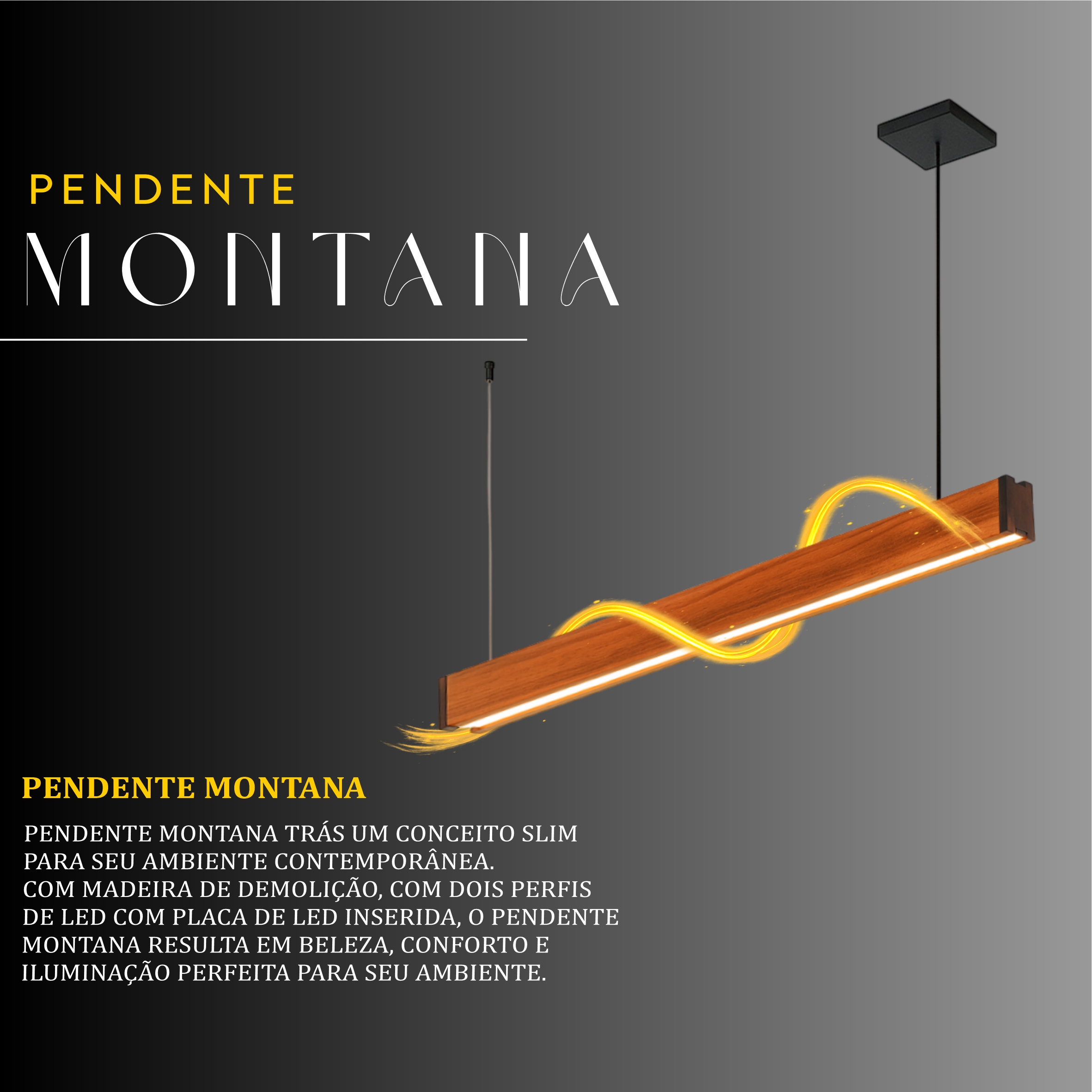 Pendente Led Montana Dois Perfis 72w 8000lm Bivolt de Madeira Maciça Rústica de Demolição