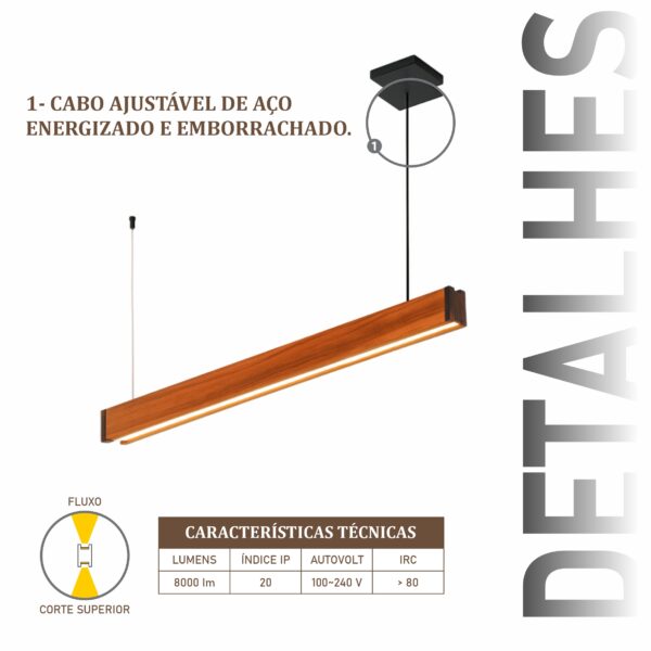 Pendente Led Montana Dois Perfis 72w 8000lm Bivolt de Madeira Maciça Rústica de Demolição - Imagem 4