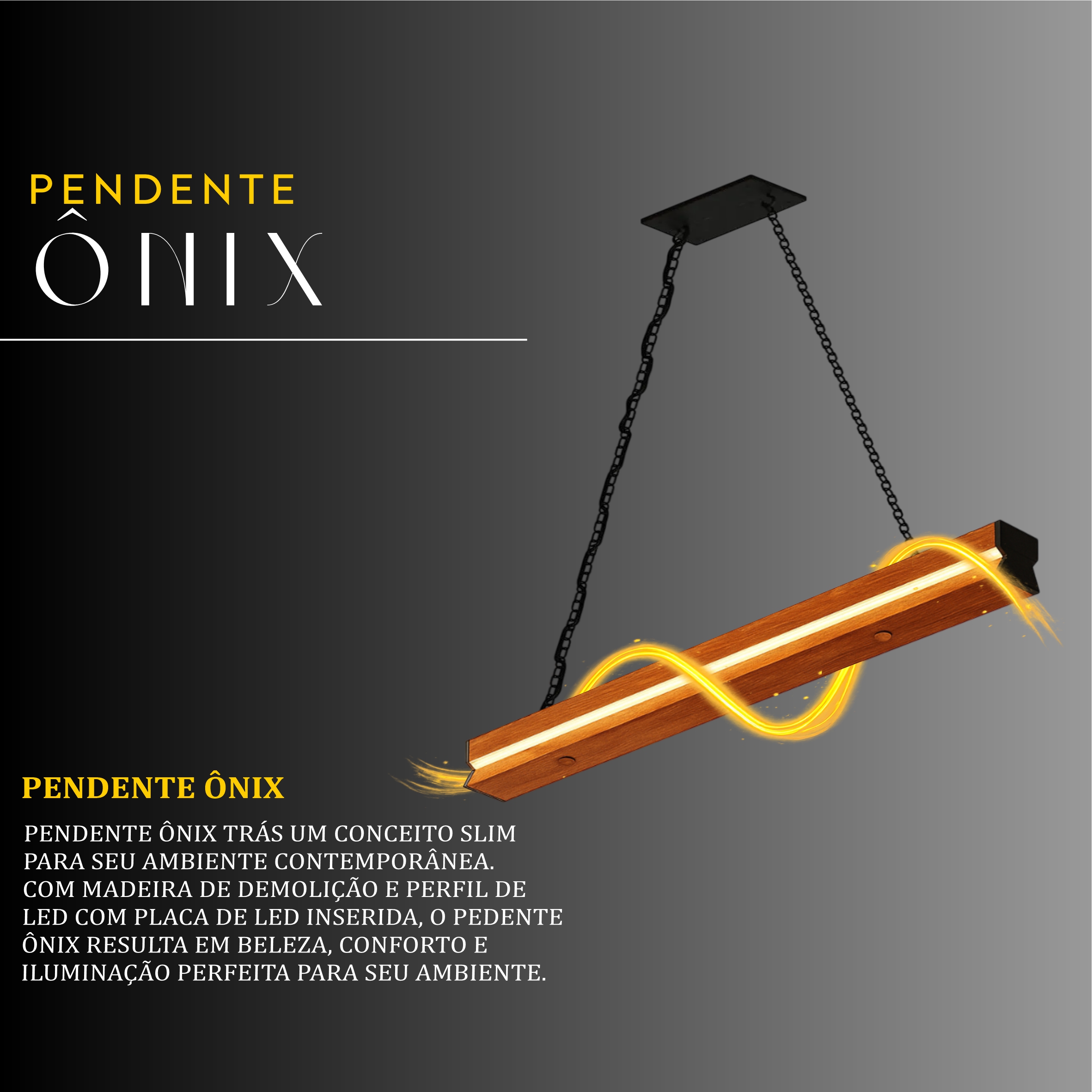 Pendente Led Ônix Corrente 36w 4000lm Bivolt de Madeira Maciça Rústica de Demolição