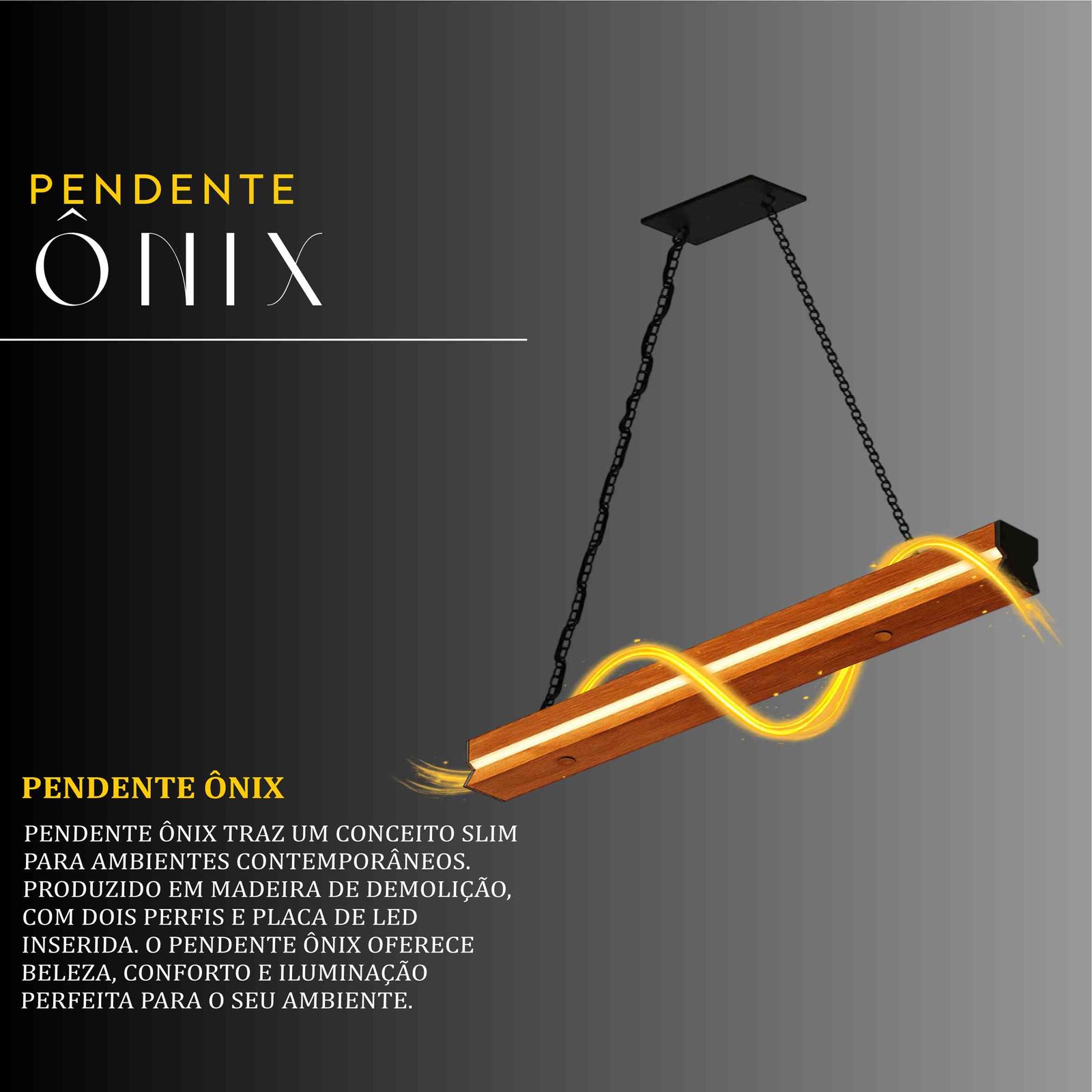 Pendente Led Ônix Corrente 36w 4000lm Bivolt de Madeira Maciça Rústica de Demolição