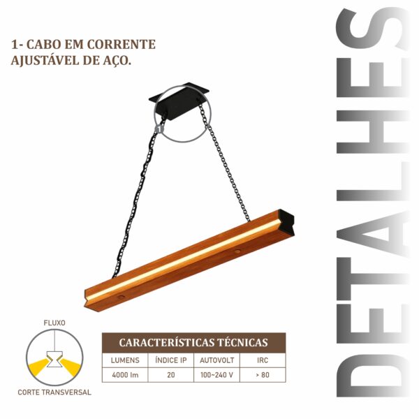 Pendente Led Ônix Corrente 36w 4000lm Bivolt de Madeira Maciça Rústica de Demolição - Imagem 4