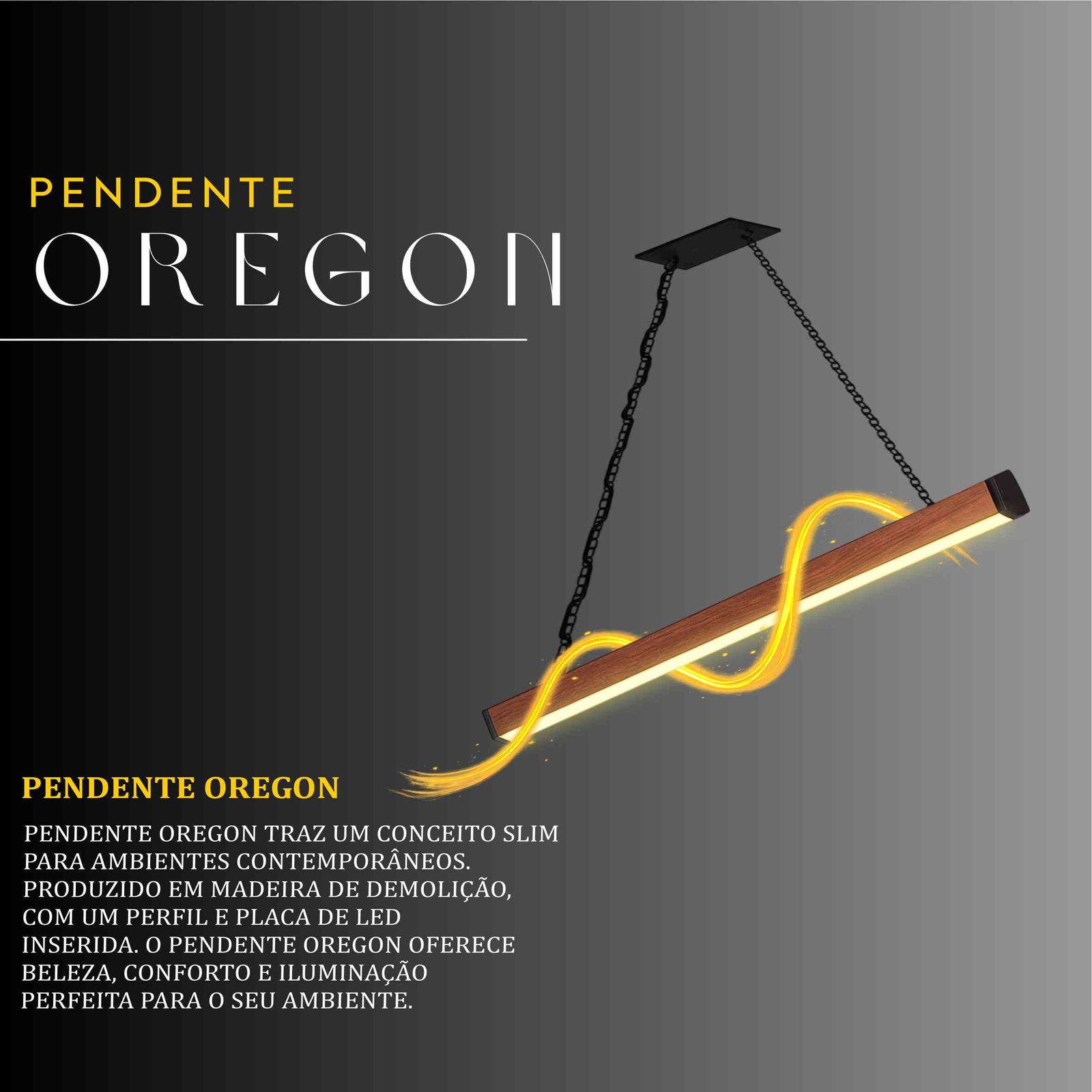 Pendente Led Oregon Corrente 36w 4000lm Bivolt de Madeira Maciça Rústica de Demolição