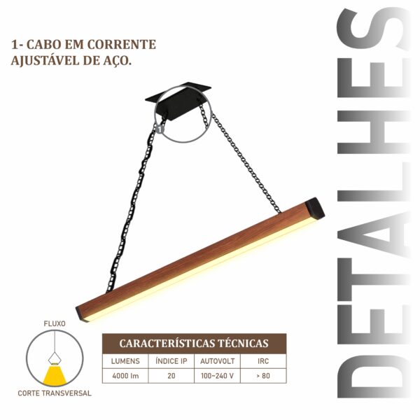 Pendente Led Oregon Corrente 36w 4000lm Bivolt de Madeira Maciça Rústica de Demolição - Imagem 4