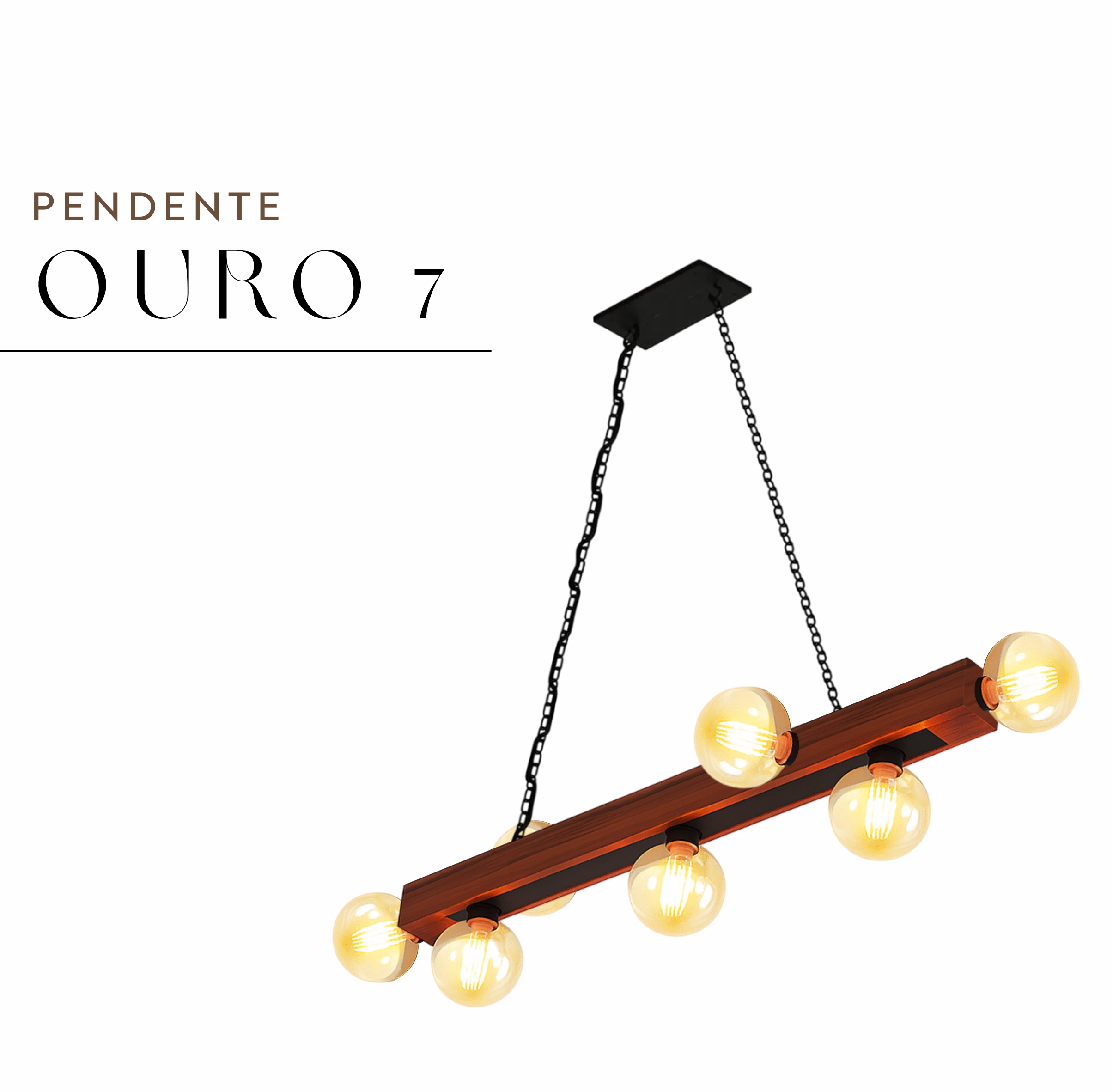Pendente Ouro 7 Lâmpadas Rosca E27 de Madeira Maciça Rústica de Demolição
