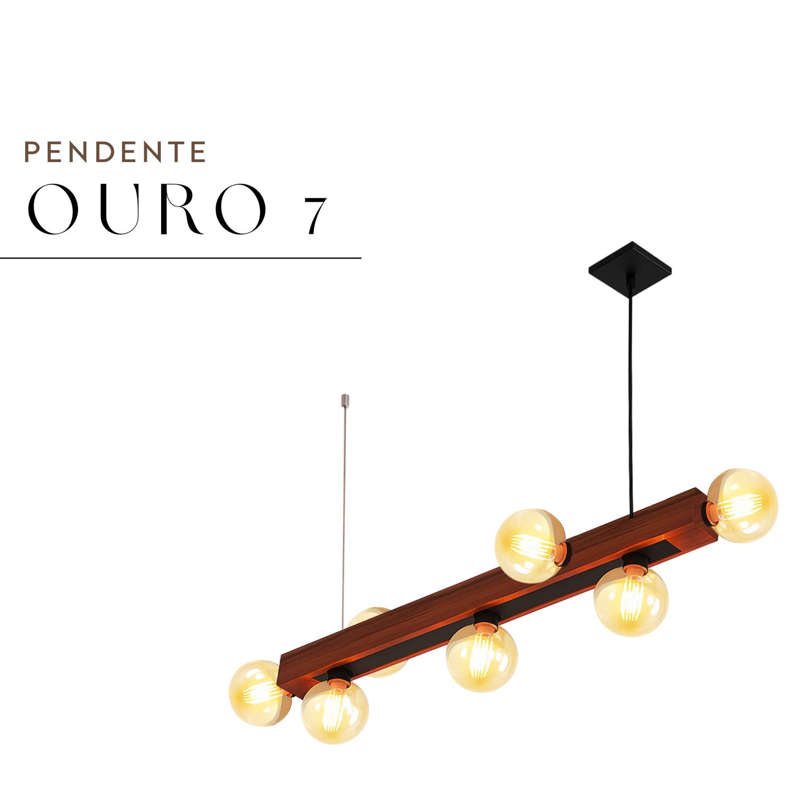 Pendente Ouro 7 Lâmpadas Rosca E27 de Madeira Maciça Rústica de Demolição