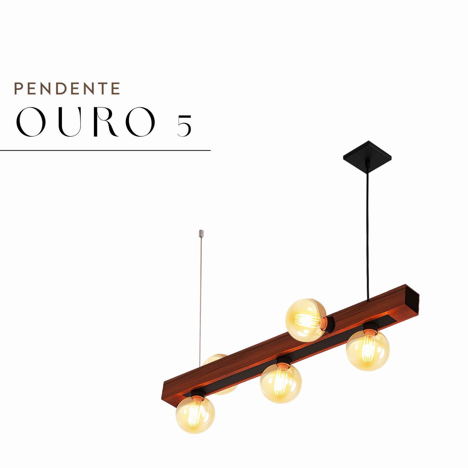 Pendente Ouro 5 Lâmpadas Rosca E27 de Madeira Maciça Rústica de Demolição