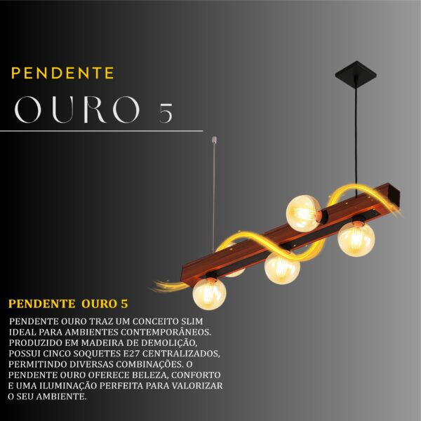 Pendente Ouro 7 Lâmpadas Rosca E27 de Madeira Maciça Rústica de Demolição - Imagem 2