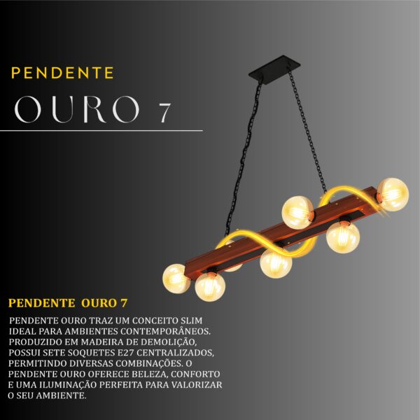 Pendente Ouro 7 Lâmpadas Rosca E27 de Madeira Maciça Rústica de Demolição - Imagem 2