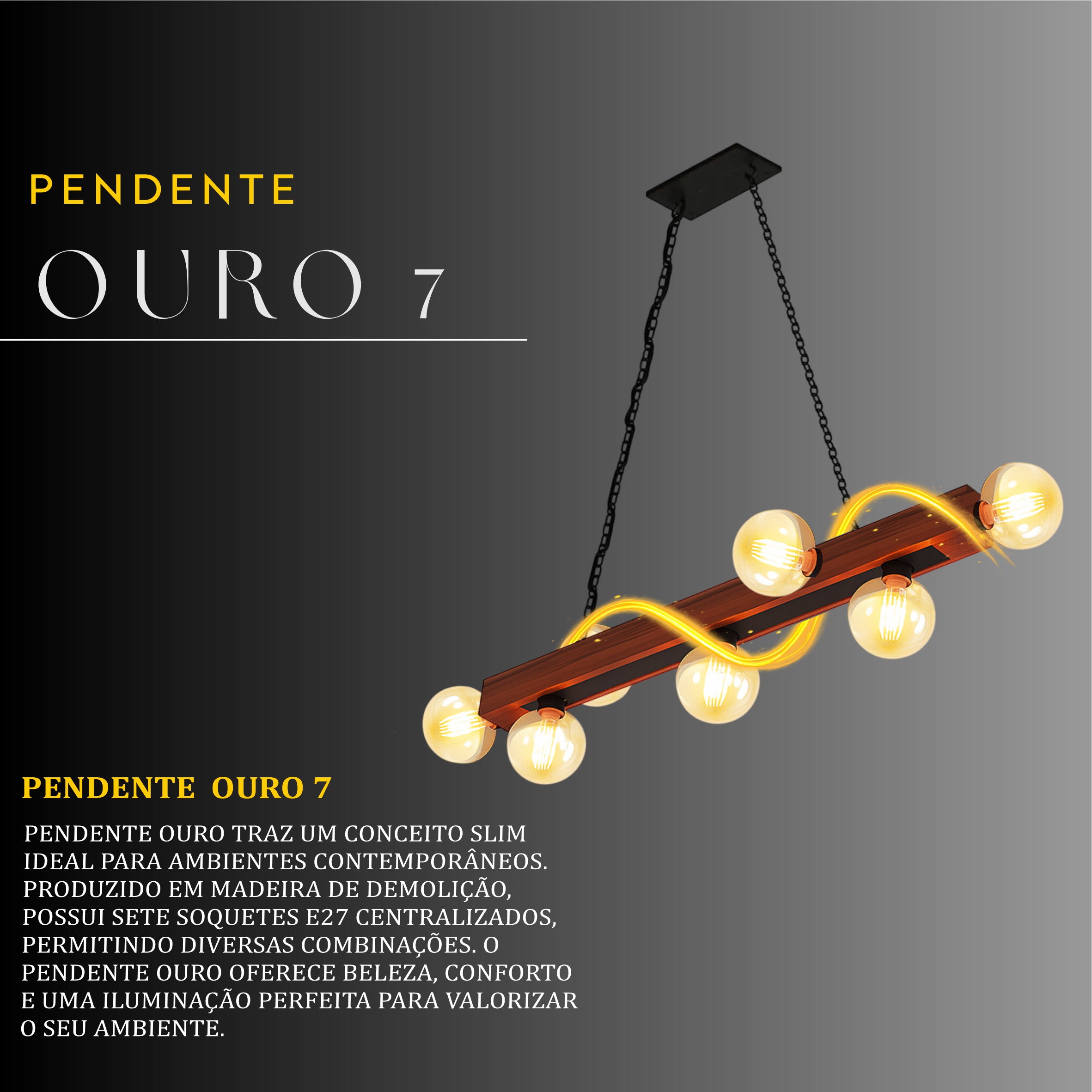 Pendente Ouro 7 Lâmpadas Rosca E27 de Madeira Maciça Rústica de Demolição