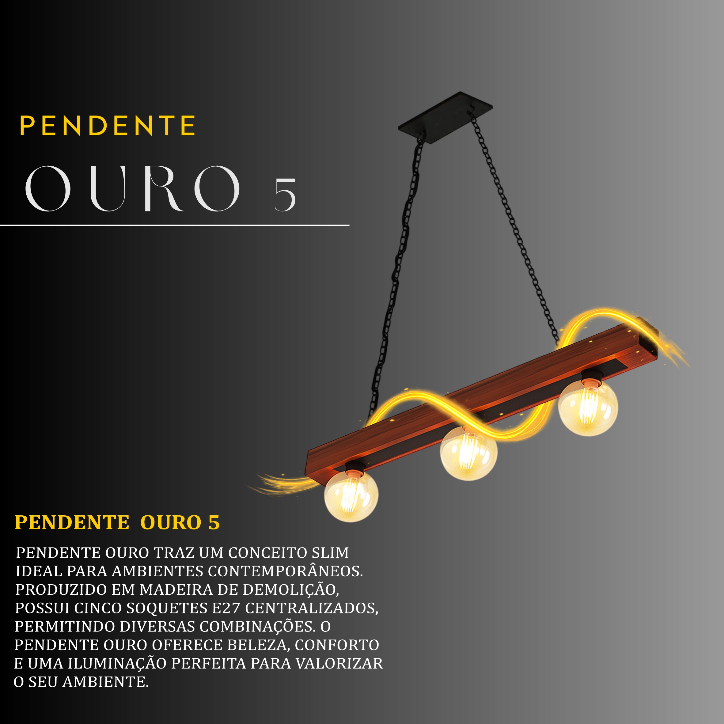 Pendente Ouro 3 Lâmpadas Rosca E27 de Madeira Maciça Rústica de Demolição