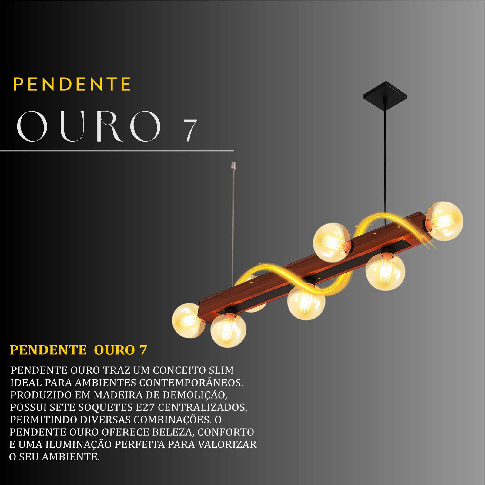 Pendente Ouro 7 Lâmpadas Rosca E27 de Madeira Maciça Rústica de Demolição