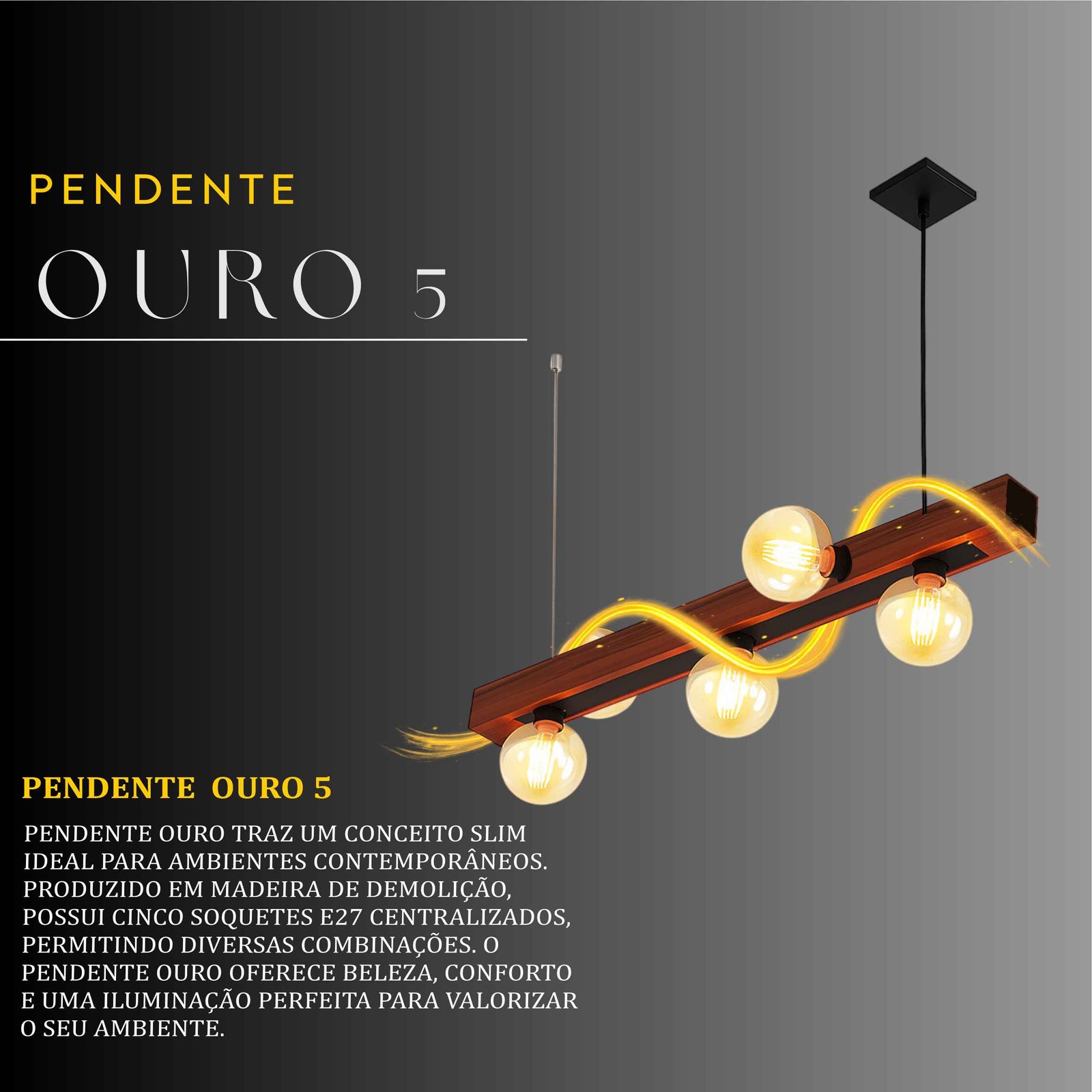 Pendente Ouro 5 Lâmpadas Rosca E27 de Madeira Maciça Rústica de Demolição