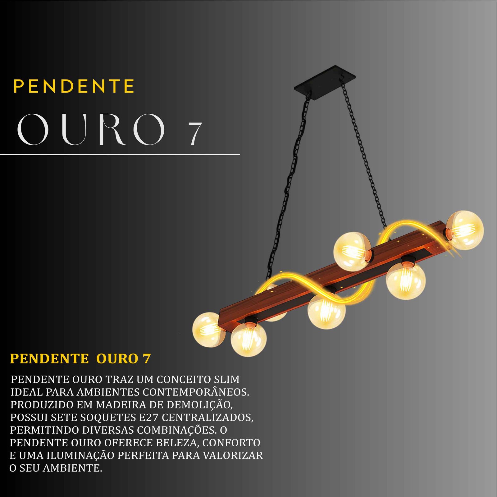 Pendente Ouro 7 Lâmpadas Rosca E27 de Madeira Maciça Rústica de Demolição