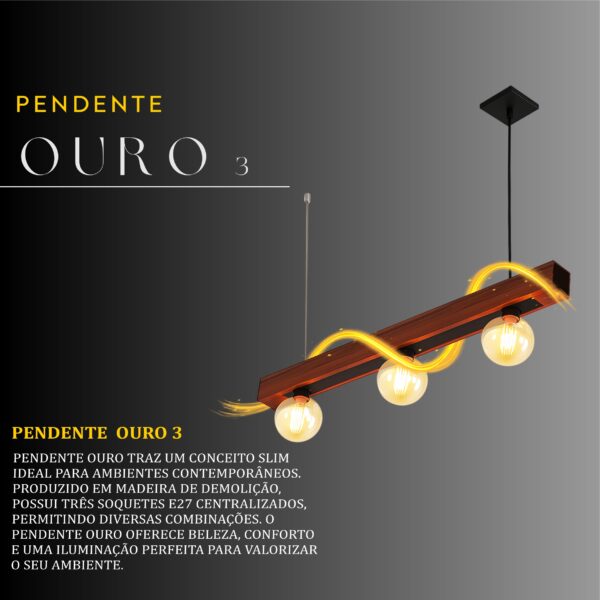 Pendente Ouro 3 Lâmpadas Rosca E27 de Madeira Maciça Rústica de Demolição - Imagem 2