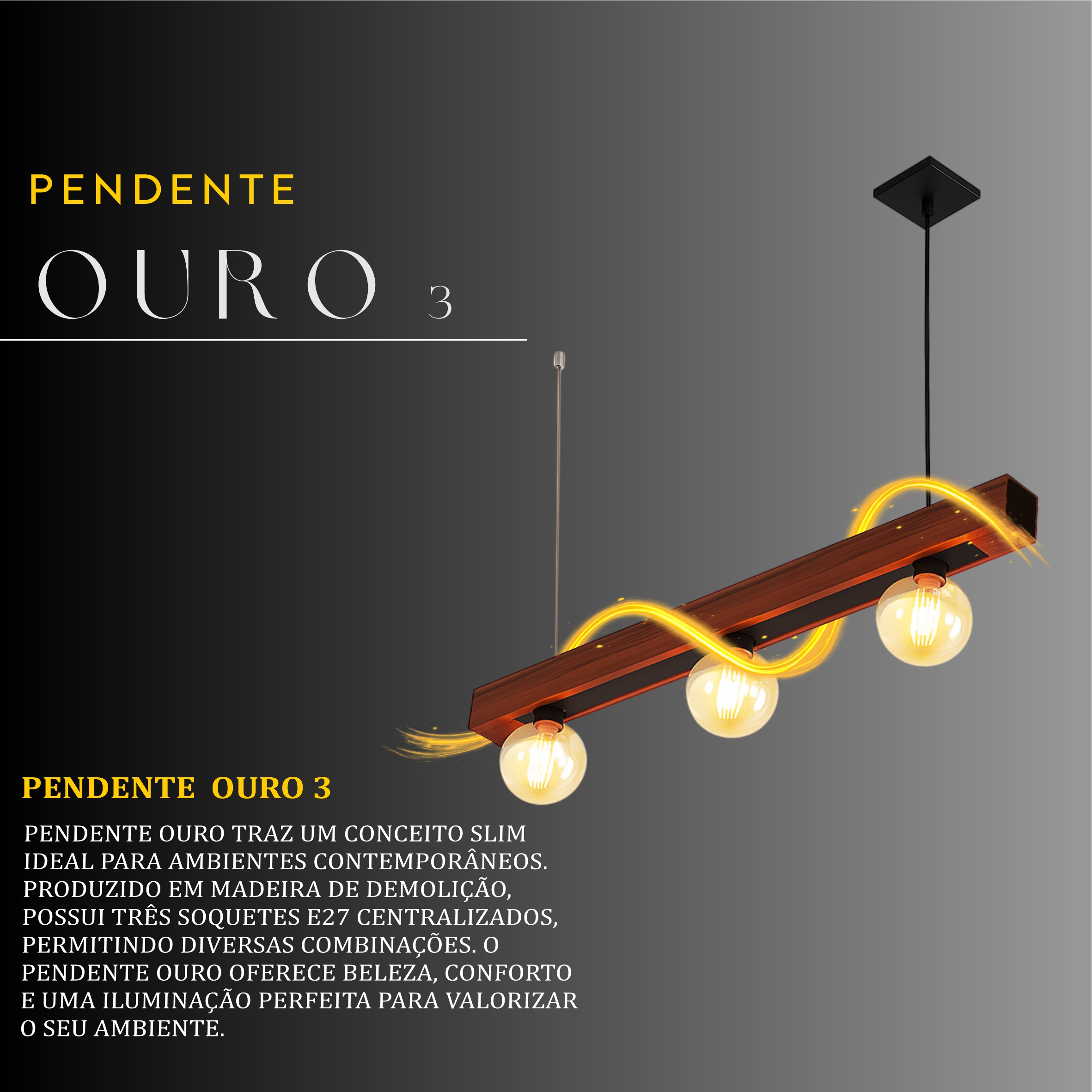Pendente Ouro 3 Lâmpadas Rosca E27 de Madeira Maciça Rústica de Demolição