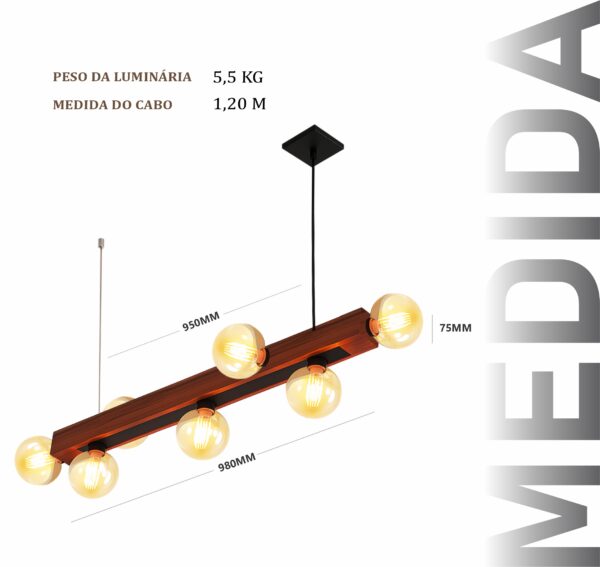 Pendente Ouro 7 Lâmpadas Rosca E27 de Madeira Maciça Rústica de Demolição - Imagem 3