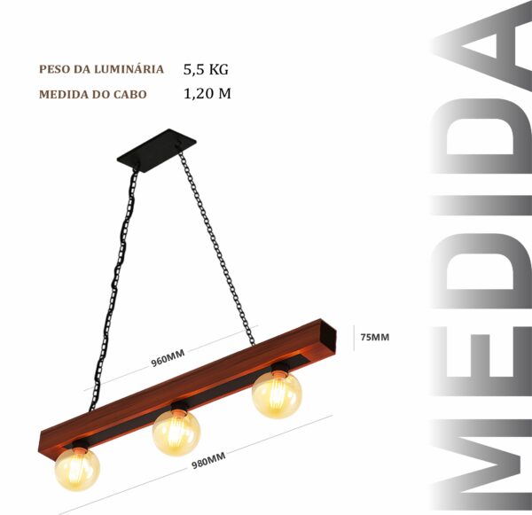 Pendente Ouro 3 Lâmpadas Rosca E27 de Madeira Maciça Rústica de Demolição - Imagem 3