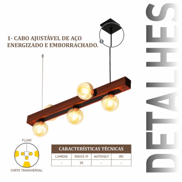 Pendente Ouro 7 Lâmpadas Rosca E27 de Madeira Maciça Rústica de Demolição - Imagem 4