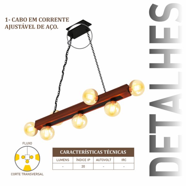 Pendente Ouro 7 Lâmpadas Rosca E27 de Madeira Maciça Rústica de Demolição - Imagem 4