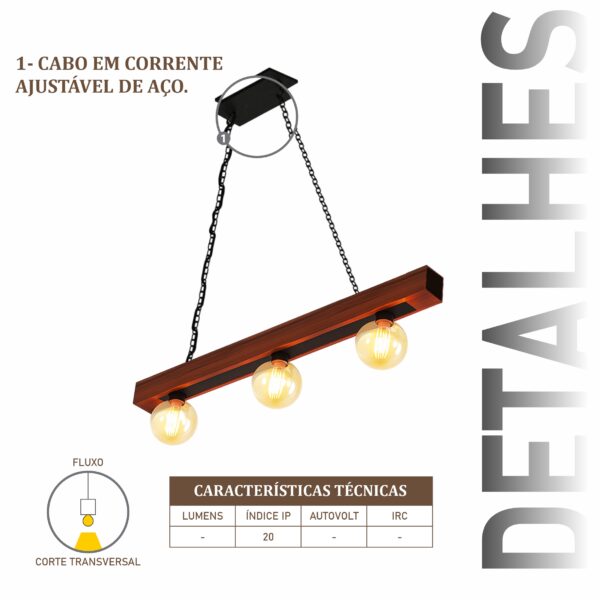 Pendente Ouro 3 Lâmpadas Rosca E27 de Madeira Maciça Rústica de Demolição - Imagem 4