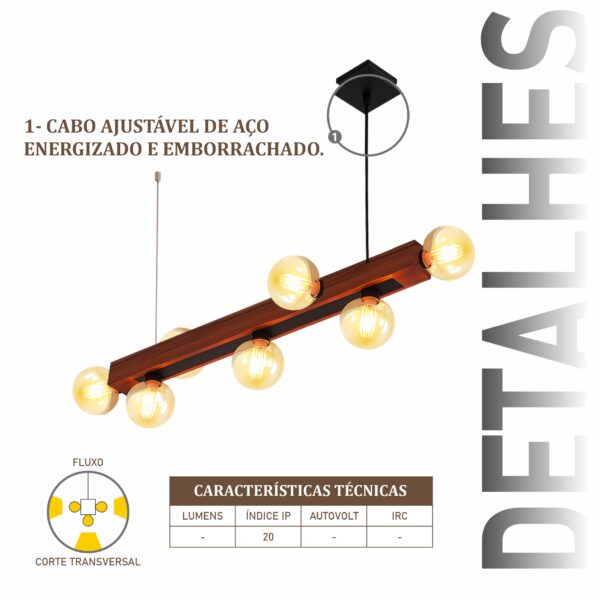 Pendente Ouro 7 Lâmpadas Rosca E27 de Madeira Maciça Rústica de Demolição - Imagem 4